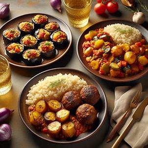 un plato de berenjenas rellenas, otro plato de albóndigas con patatas, y otro plato de ratatouille con arroz